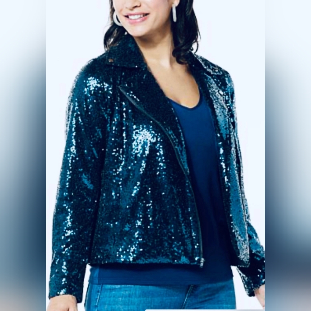 Colleen Lopez Women's Luxe Sequin Blue Moto Jacket - Size Large New
